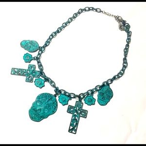 Teal Aqua Sugar skull & cross necklace boho style